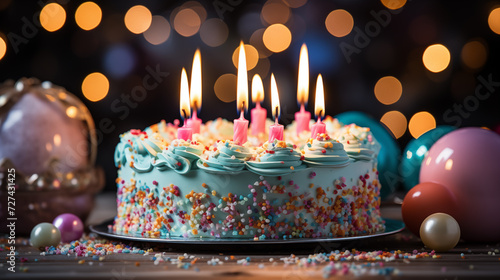 Birthday cake with different decorations from fresh flowers and candles