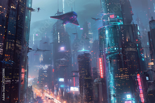 futuristic cityscape with tall skyscrapers, flying cars, and neon lights illuminating the streets