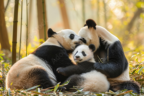 family of pandas playing together in a bamboo forest photo