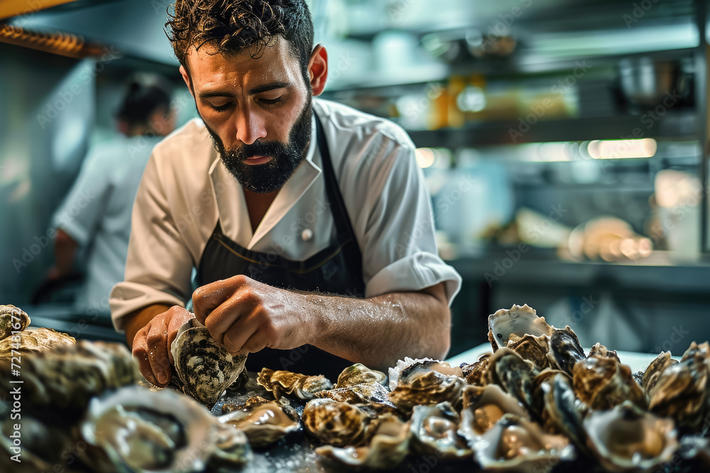 chef shucking oysters, with a pile of shells next to him chef shucking oysters, with a pile of shells next to him