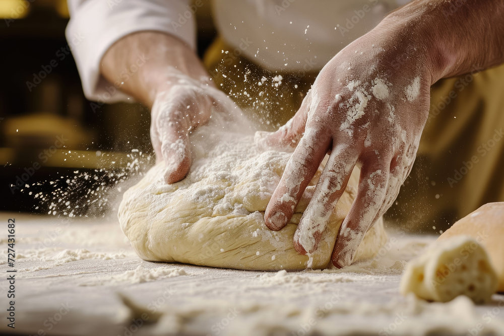 chef kneading dough for fresh bread, with flour dusting his hands