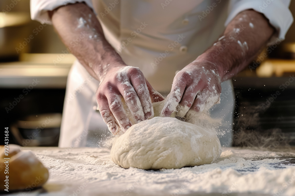 chef kneading dough for fresh bread, with flour dusting his hands