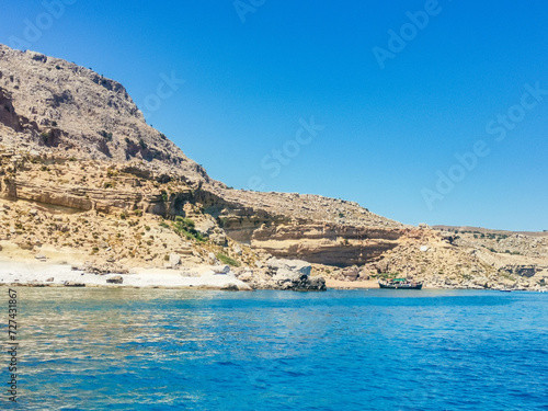 General landscape, in Lindos, Greece. Turquoise Mediterranean Sea and rocks.