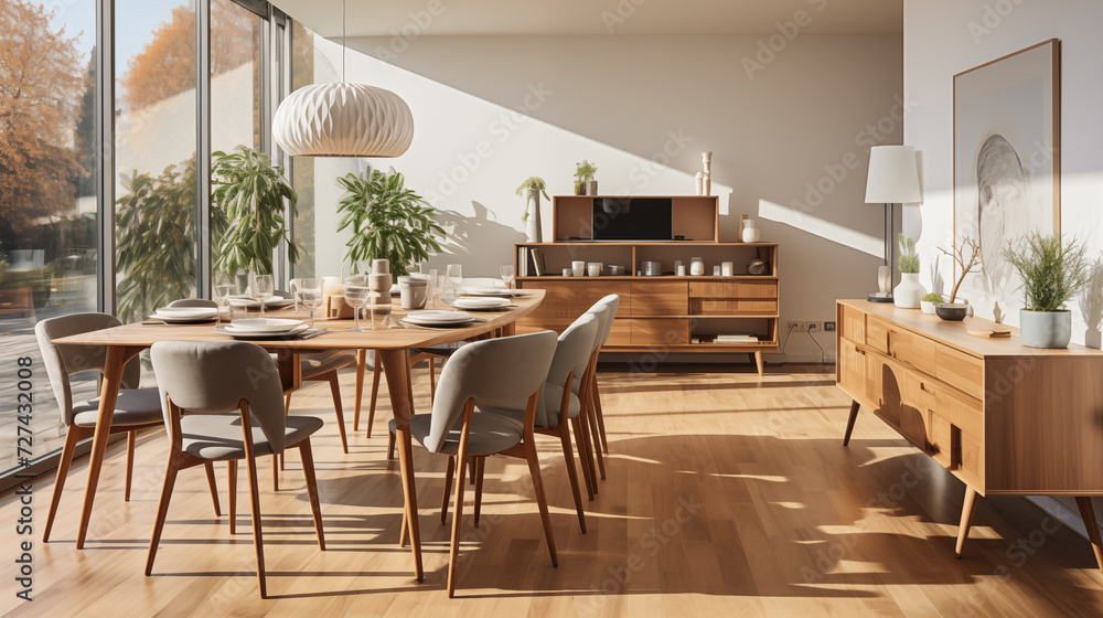 Set of dark wooden furniture in the beige color dining room. Concept of design and stylish light interior