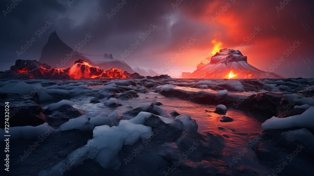 Volcano Erupts Lava Into the Sky - obrazy, fototapety, plakaty 