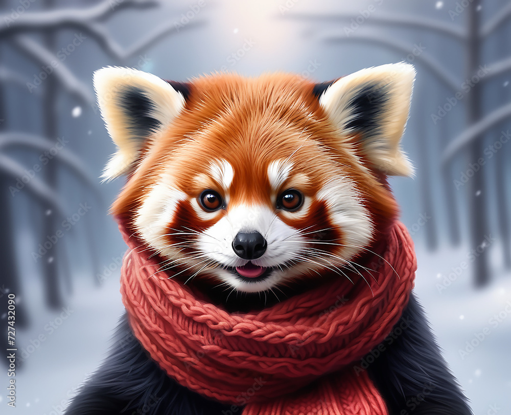 Red panda in a knitted scarf, Christmas mood. Red panda in a knitted scarf, Christmas mood.