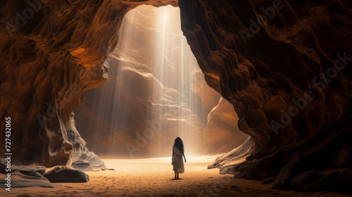 Person Standing in Cave, Looking at Light