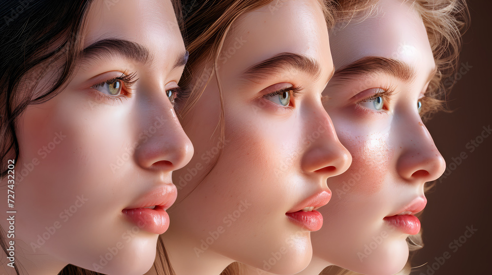 Banner. Composite image of beautiful young women faces expressing emotions and show healthy clean skin over white background 