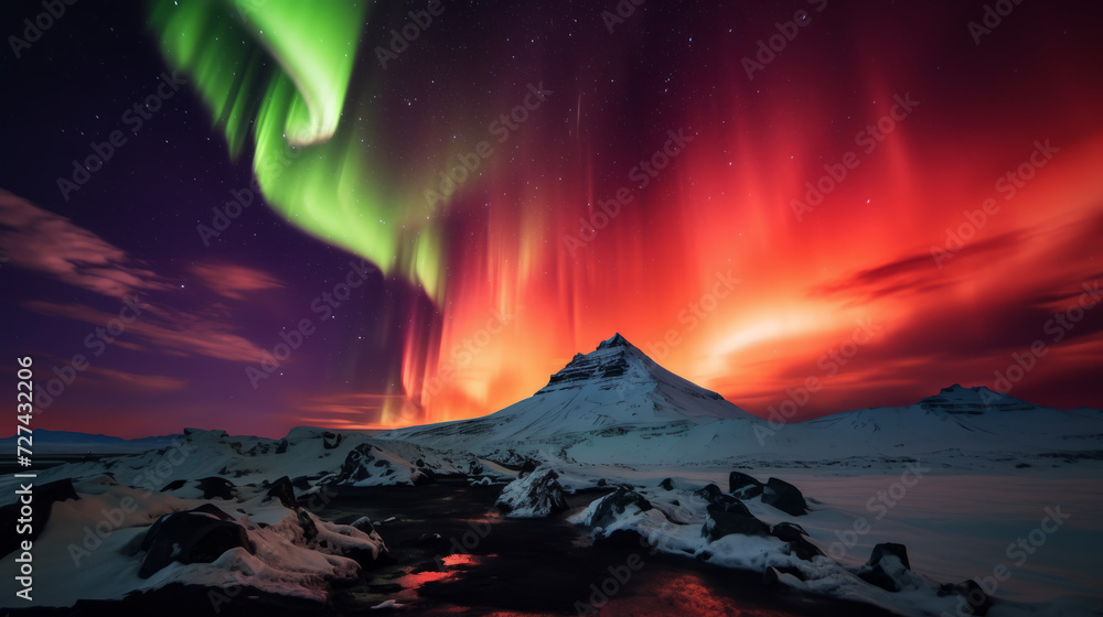 Majestic Mountain With Red and Green Aurora Overhead