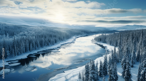 Aerial View of Snow-Covered Trees Surrounding a River