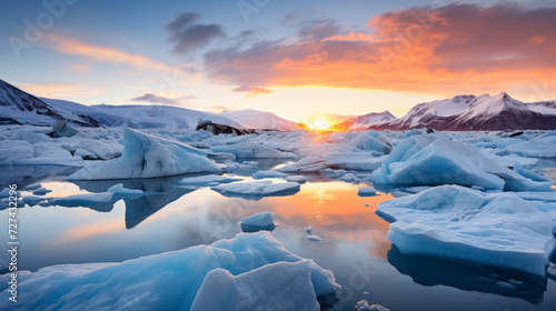 Sun Setting Over Icebergs in Water