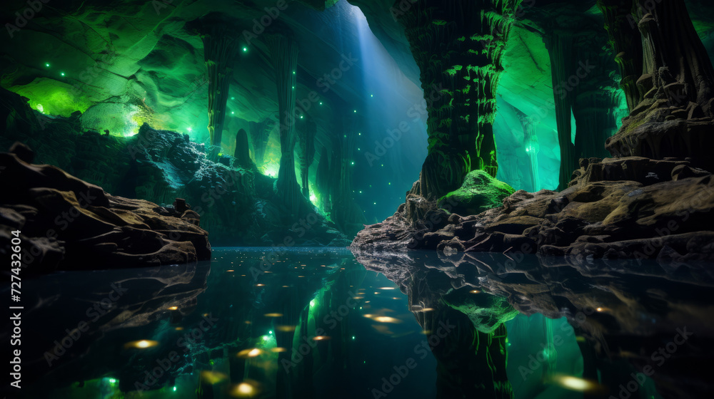 Cave Filled With Green Lights
