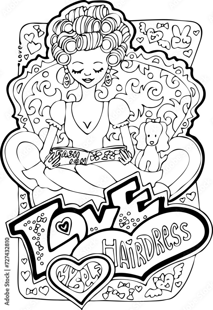 Fototapeta premium Colouring book vector page for adult woman. Hobby for relax and anti stress. Hand drawn illustration collection set with bohemian style beautiful young woman doing hair in beauty salon.