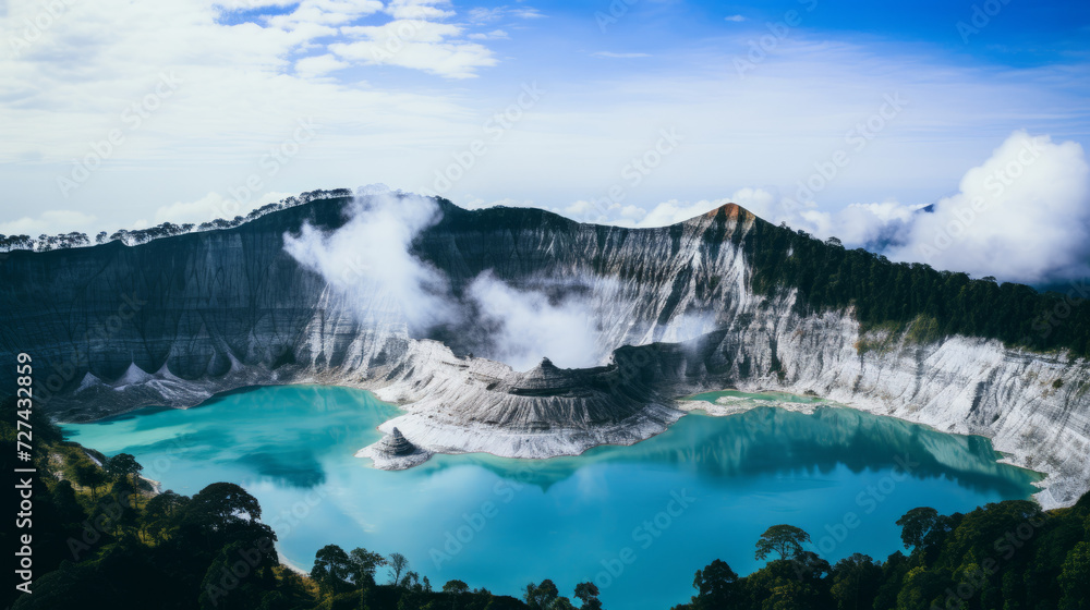Naklejka premium Majestic Blue Lake Surrounded by Mountains and Clouds
