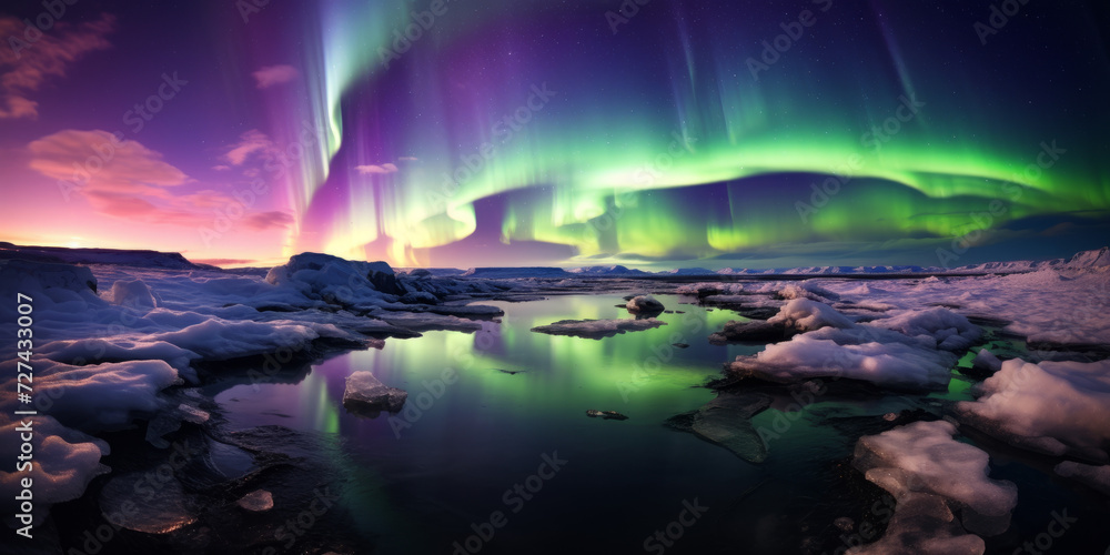 Aurora Borealis Illuminating a Frozen Body of Water