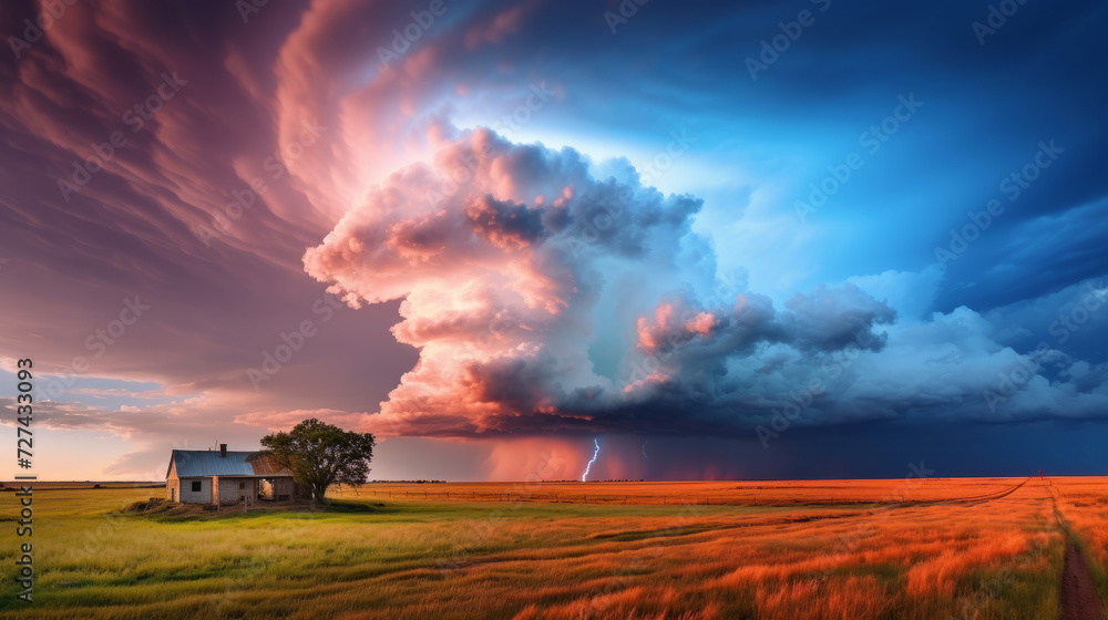 Fototapeta premium House in the Middle of a Field Under a Cloudy Sky