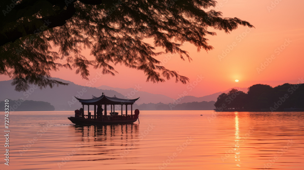 Boat Floating on Top of Lake at Sunset