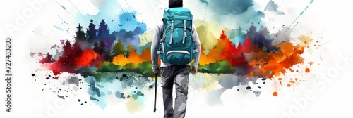 Male tourist with blue backpack, rear view. watercolor style