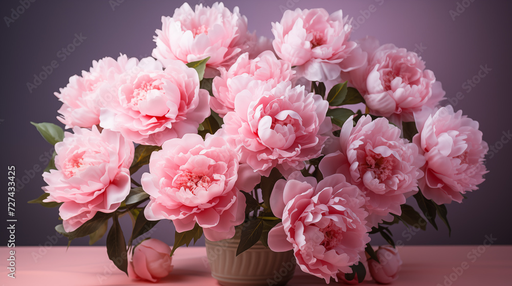 Bouquet of colored peony in a vase, soft focus background