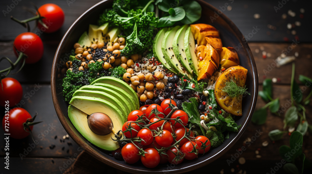 Bowl of fresh raw salad from tomato, pumpkin, avocado and greenery, top view