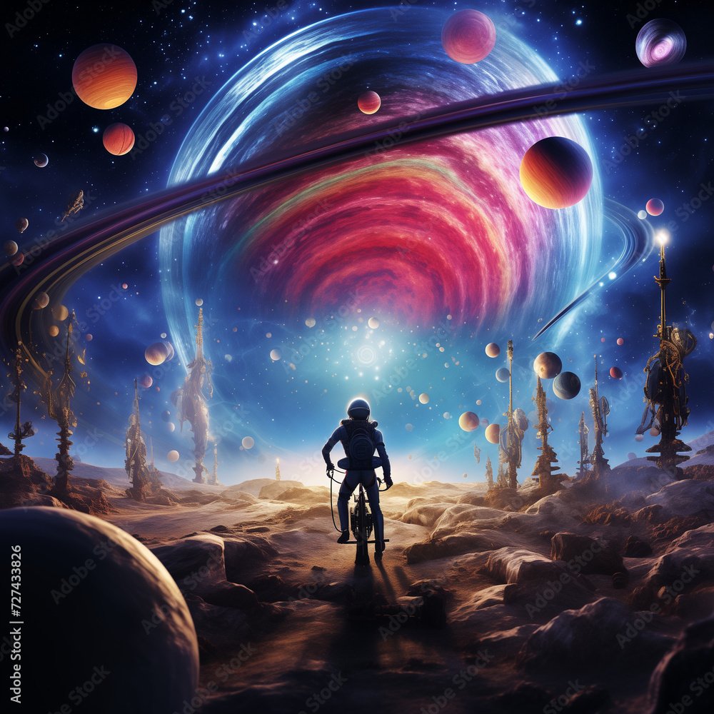 Create a captivating scene in a cosmic carnival, where planets engage in playful antics, and shooting stars streak across the sky, leaving trails of glittering jests. 