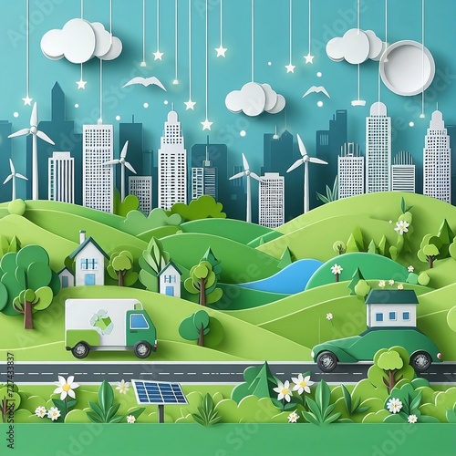 landscape with eco car and green city, save the planet and energy concept, in Vector Illustration with Background design with space for copy created with generative ai