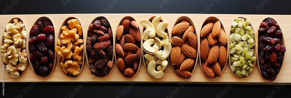 Top-down view of a varied selection of nuts and dried fruits arranged on a rustic wooden table Top-down view of a varied selection of nuts and dried fruits arranged on a rustic wooden table