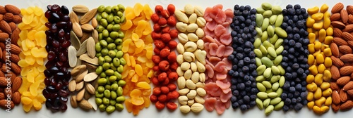 Top view collage of assorted nuts and dried fruits with vertical dividers and bright white light