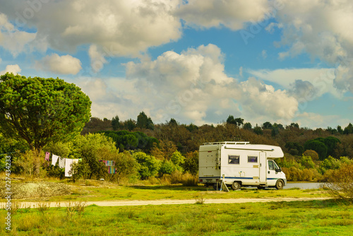 Camping. Clothes hanging to dry by camper rv.