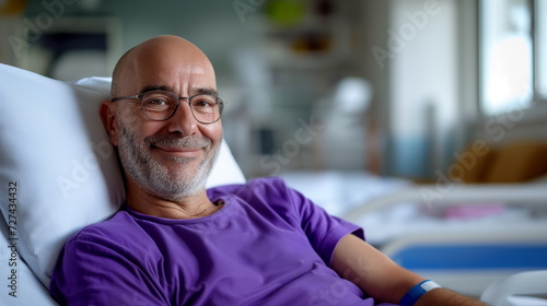 Bald man resting in hospital bed. Smiling male cancer patient in purple t-shirt and glasses. Portrait of a male cancer survivor. Hope, victory over disease, cancer awareness concept.