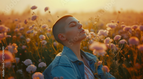 A young bald woman enjoying the beauty of a flower field at sunset. The concept of natural beauty and harmony with nature.