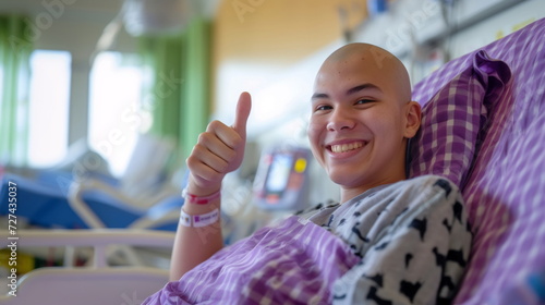 Smiling young cancer patient giving thumbs up in hospital bed. Portrait of teenage boy resting in hospital ward. World Cancer Day, positive attitude, victory over disease concept