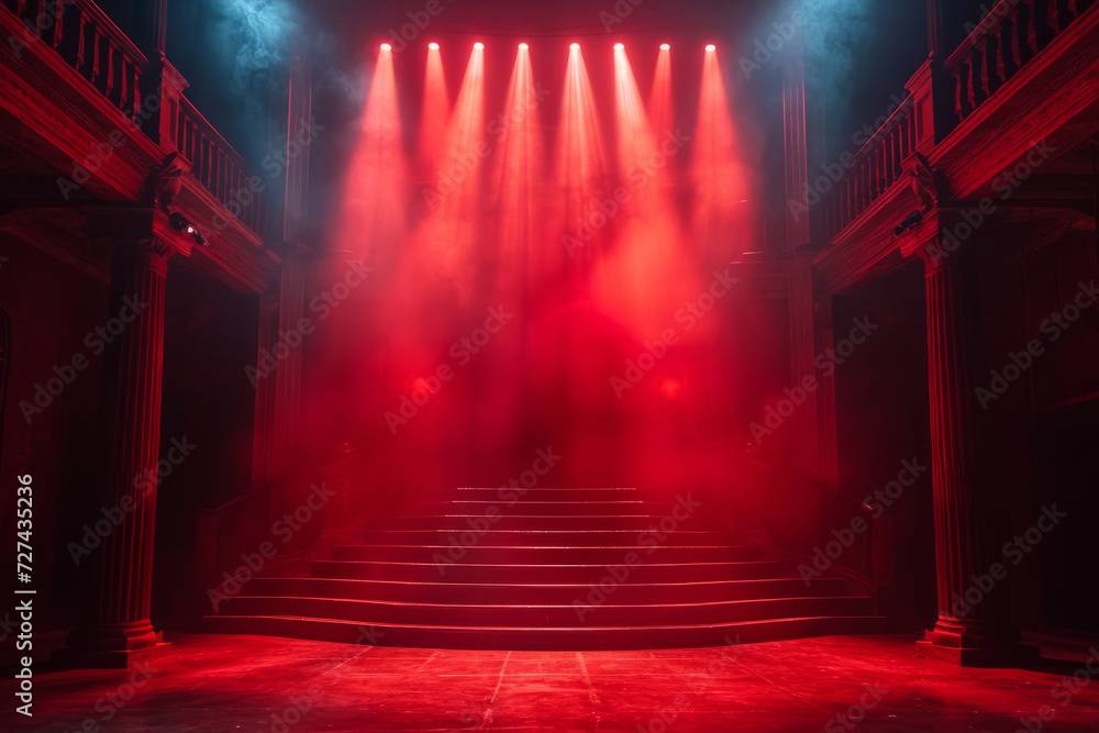 A stage performance lit with red gels, adding intensity and drama to the scene. Concept of theatrical lighting and emotional impact. Generative Ai.
