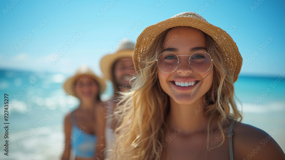 Portrait of happy friends having fun smilling and enjoying walk along beach.