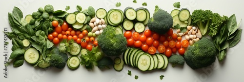 Collage of fresh summer vegetables broccoli tomatoes cucumbers and greens white light, top view © Nikolai