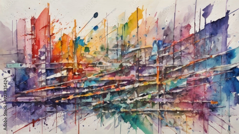 An abstract chaotic multicolor striped artwork, watercolor technique with splashes and dots of color. Contemporary surrealist painting. Modern poster for wall decoration
