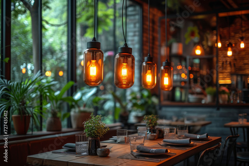 A restaurant interior with amber gels  creating a cozy and inviting atmosphere. Concept of ambient lighting in hospitality design. Generative Ai.