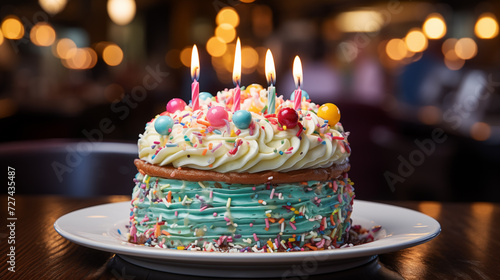 Birthday cake with different decorations from sweets and candles 