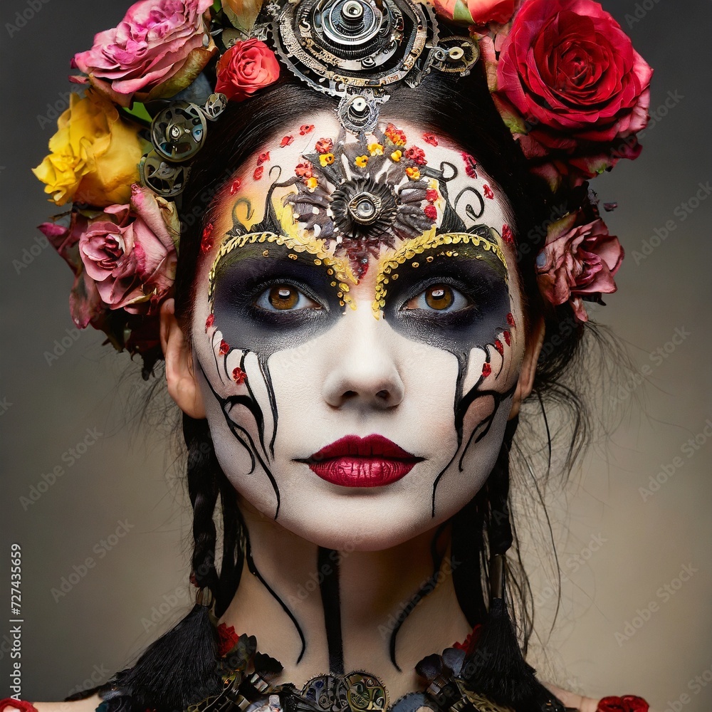 Fantasy female carnival make-up Mexican Steam Punk flowers on head