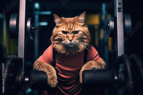 Funny sport cat in gym. Fitness concept. Humorous cat engaging in sports activities at the gym, illustrating fitness concepts. AI generation