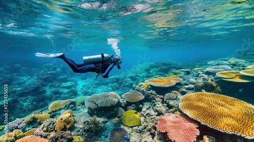 Fototapeta Naklejka Na Ścianę i Meble -  attractive young man snorkels in the ocean and observes the coral world, free diver in the sea, coral reefs in the Maldives