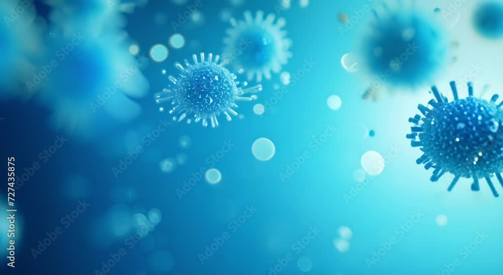 formation and movement of spherical blue viruses with spikes on the surface on a blue background, development of a pathogenic virus formation and movement of spherical blue viruses with spikes on the surface on a blue background, development of a pathogenic virus
