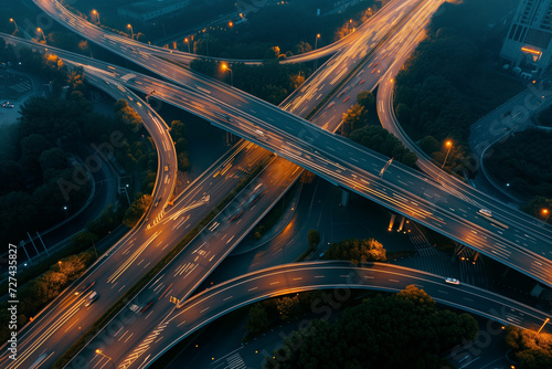 Fotótapéta Aerial photography of cars moving on overpasses and highways, evening, longer ex