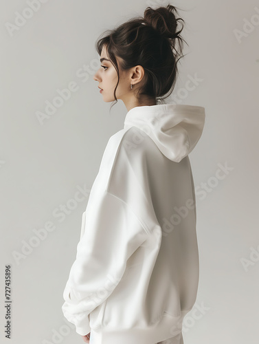 Wallpaper Mural A woman facing sideways wearing a cream-coloured hoodie mockup on a grey background. Beautiful woman with long hair tied up. Created with Generative AI. Torontodigital.ca