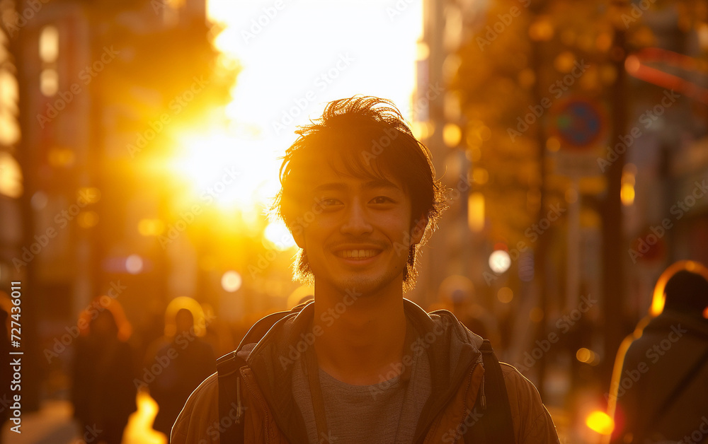 Obraz premium Multiracial Man Standing in Street at Sunset