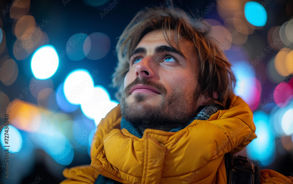 Multiracial Man in Yellow Jacket Looking Up at the Sky Multiracial Man in Yellow Jacket Looking Up at the Sky
