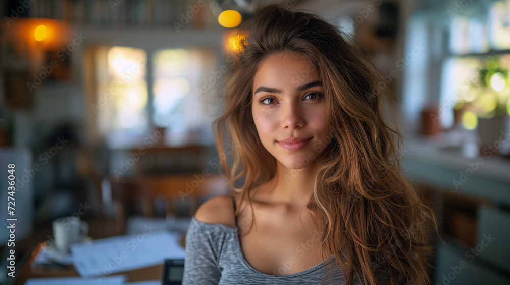 Young latina female work with financial papers at home count on calculator before paying taxes receipts online. Millennial woman looking into camera Young latina female work with financial papers at home count on calculator before paying taxes receipts online. Millennial woman looking into camera