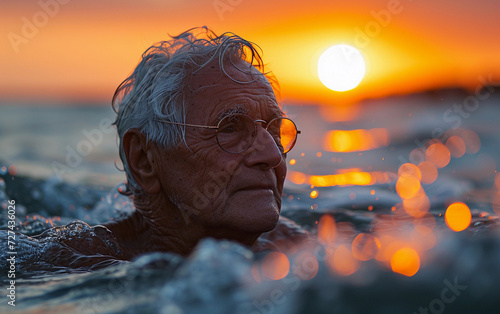 Elderly Man Swimming in the Ocean at Sunset