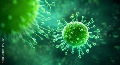 Human papilloma virus on abstract green background with copy space. Papilloma virus medical laboratory research, treatment. Microbiology and virology. photo