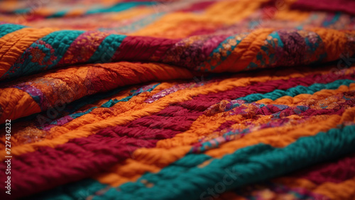 Textile with Bright Patterns Texture: The center of the frame is dominated by a textile surface with vivid patterns. Selective focus. Free space for text. © Sahaidachnyi Roman